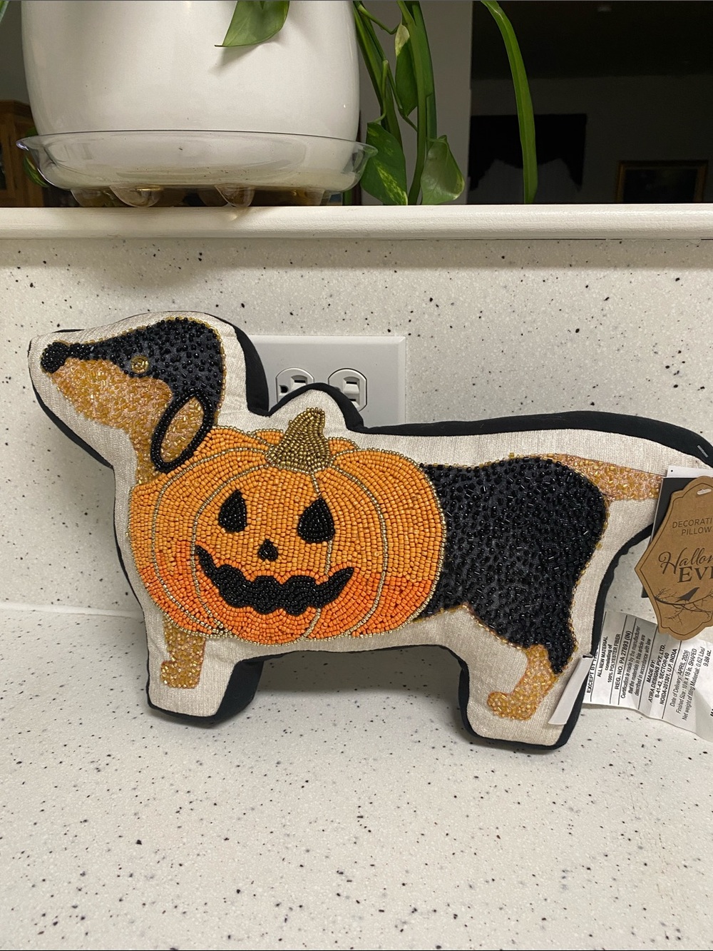 NWT.  Hallow’s Eve, beaded dachshund decorative pillow.